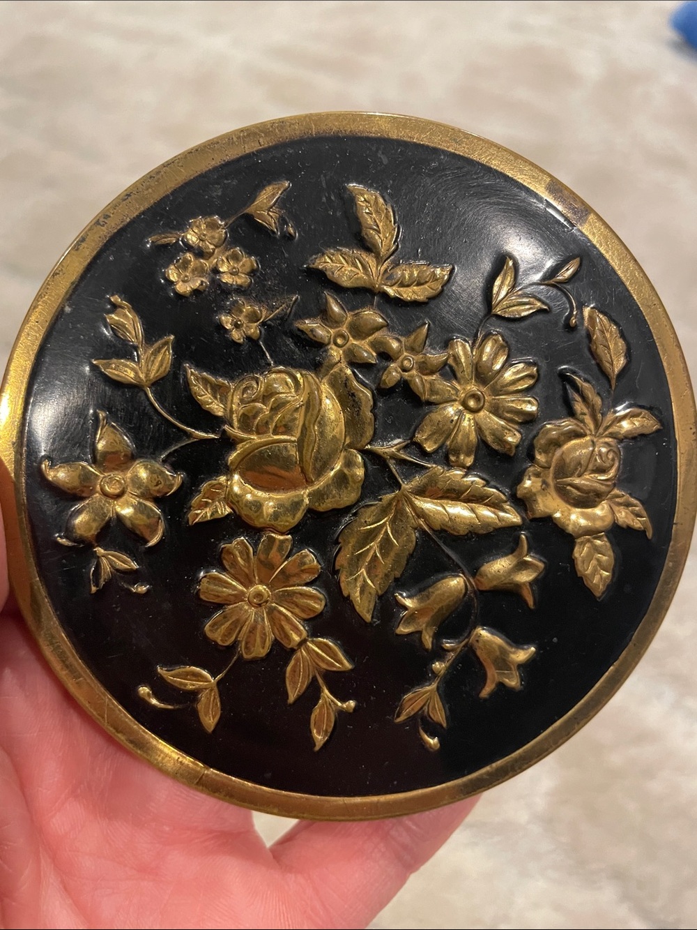 Vintage Black & Gold Floral Round Compact